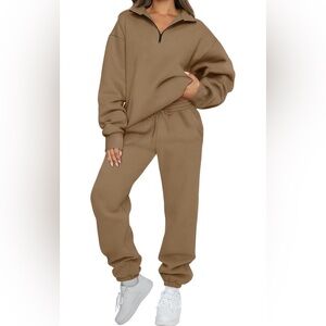 Brown Two Piece Loungewear Sweatsuit Quarter Zip Pullover and Sweatpants NEW